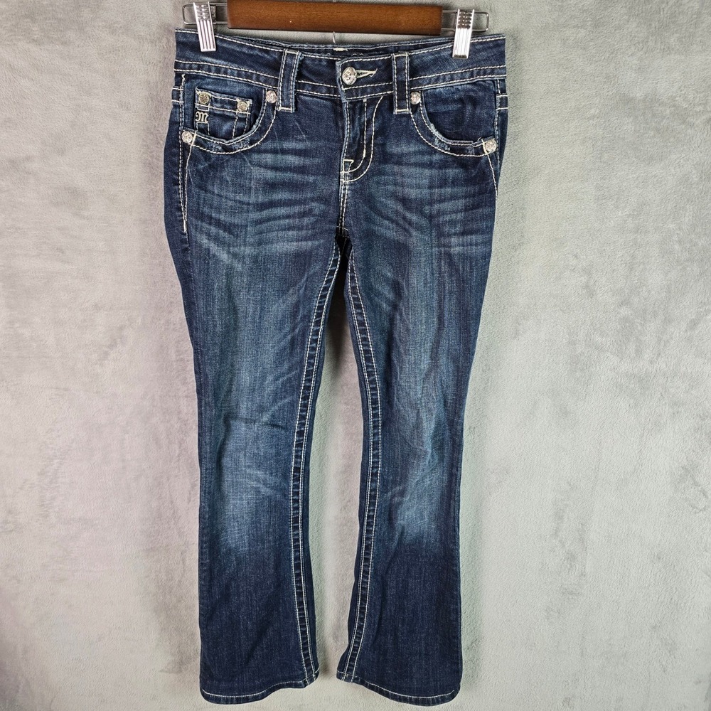 Miss Me Relaxed Boot Jeans Dark Wash Fleur-De-Lis Rhinestone XP7036B3 Womens 25